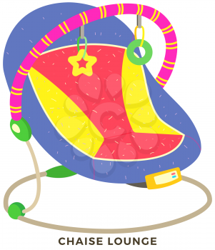 Automatic baby bouncer, child gadjet swing bed. Chaise lounge for baby relaxation. Swing chair to put child to sleep and calm down. Chaise longue with toys, interior element for children vector icon