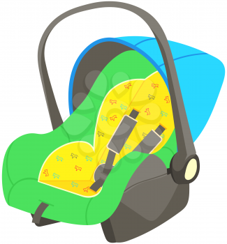 Child car place with safety belt and carrying handle. Seat for transporting baby in automobile. Device for safe transportation of children. Soft car seat with child safety belts vector illustration