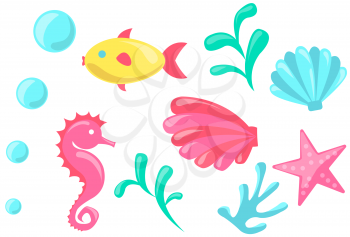 Colored fish, seashell, bubbles, corals, algae, starfish and sea horse on white background. Cartoon nautical characters live in ocean. Marine inhabitants and underwater life water animals and plants