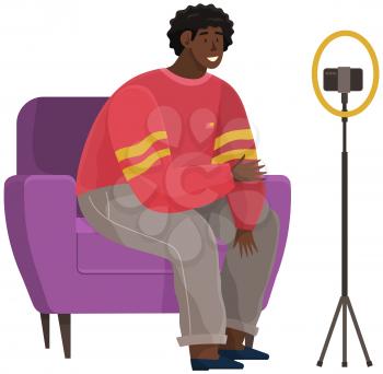 African american man communicates with friend via video call. Video communication, online talk. People have dialogue online, communcate via Internet. Man is talking using phone vector illustration