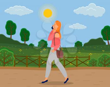 Young woman walking and talking on mobile phone in park, girl communicating with smartphone. Female character chatting with girlfriend on phone holds portable device in hand has fun conversation