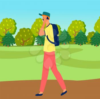 Young man walking and talking on mobile phone, male character communicating with smartphone. Person walking down street or park holding portable device in hand, guy has conversation by call