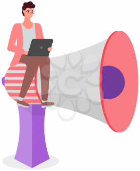 Social marketing concept. Man promoting online in social network using laptop and huge megaphone. Public relations and affairs, communication, advertising of goods on Internet, online marketer