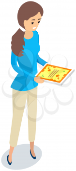 Girl looking at flyer on white background. Work in advertising company, promotion, distribution. Female character is reading leaflet fliers with advertisement. Woman with ad, announcement in her hands