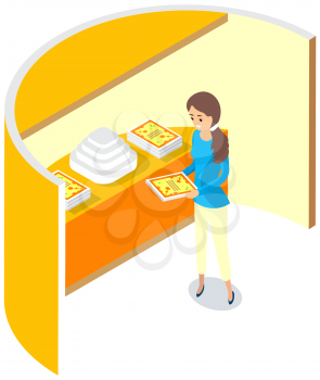 Female manager offers to buy product from company at exhibition. Stand and showcase for trade with advertising brochures, presentation modern color goods for buyers. Character with badge shows books