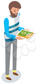 Guy looking at flyer on white background. Work in advertising company, promotion, distribution. Male character is reading leaflet fliers with advertisement. Man with ad, announcement in his hands