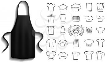 Black aprons near cooking symbols. Clothes for work in kitchen, protective element of clothing for cooking. Chef clothing with long straps. Aprons next to icons of kitchen utensil, toque