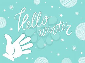 Hello winter concept. Handwritten brush lettering. Calligraphic text with white stars snowflakes and balls. Blurred winter banner with christmas subjects and typographic label on blue background