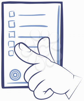 Human hand pointing to checklist icon, paper board with note or test. Clipboard and check marcs flat style design. Check list minimal single linear icon for application and info graphic points line