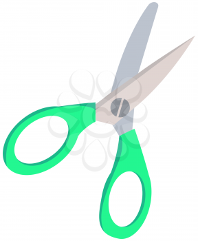 Scissors, tool made of blades and plastic handles. Equipment for creativity, cutting materials. Iron scissors with green handles isolated on white background. Sharp cutting tool, shears, clippers