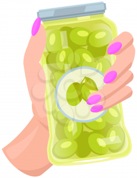 Hand with green olives in glass jar flat vector illustration. Eco product isolated clipart on white background. Premium quality organic canned olives. Natural olea europaea cartoon design element