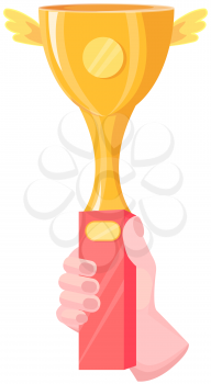 Winner success award gold cup vector or champion person holding in hand prize. Achievement, reward trophy in human hand. Man wins competition, gold prize, cup. Winner award, success in contest