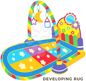 Baby deveoping rug, educational mat vector illustration. Mat with toys and educational items for playing with child. Educational toy, interior element for children. Bright rug for baby development