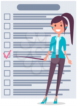Month scheduling, to do list, time management concept. Woman stands near to do plan and planning schedule. Plan fulfilled, task completed, timetable sheet. Lady works with check list planning