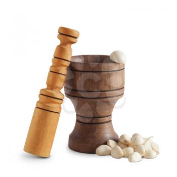 garlic and wooden mortar