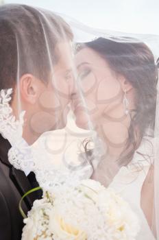 newlyweds tenderly kissing under the veil