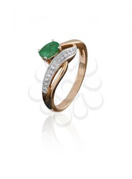 gold ring with an emerald and diamond isolated on white
