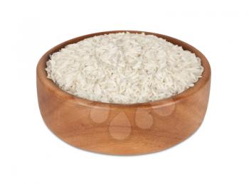 rice in a wooden bowl; isolated on white