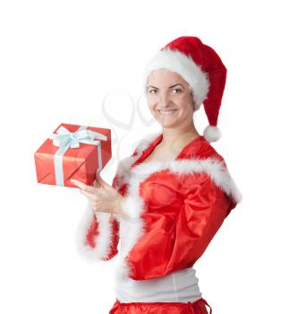 the woman in the form of Santa Claus with a gift box in a hand