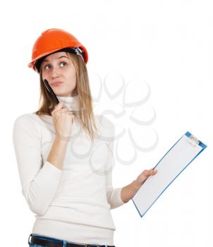 woman in the construction helmet and tablet  thinking
