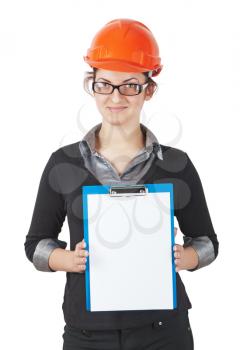 woman foreman in the construction helmet holding a tablet with a blank. isolated on white