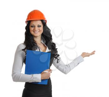  woman in a construction helmet with a smile upon the face and gesture of a hand invites, welcome. isolated on white
