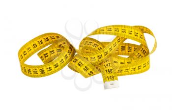 yellow twisted measuring tape isolated on white