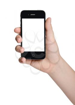 isolated male hand holding a  black phone similar to iphone tablet touch computer gadget with isolated display