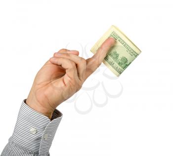 hand holding dollars on a white background