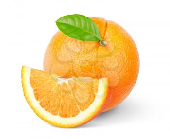 Orange fruit with green leaf isolated on white