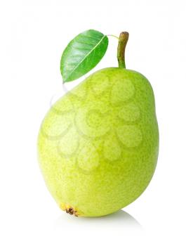 ripe pear with green leaf isolated on white background