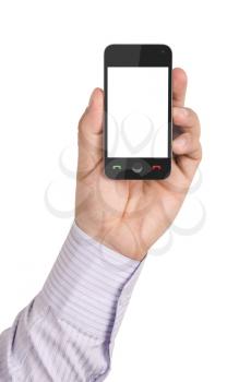 men's hand holding a modern mobile phone with a blank screen. isolated on white. 
