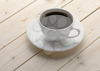 cup of coffee on a wooden table from boards