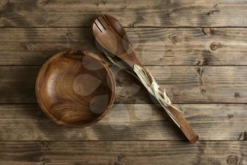 wooden ware bowl and spoon on the table