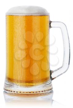 mug fresh beer with cap of foam isolated on white background. clipping path