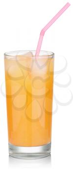 glass of fresh orange juice with ice and a pink straw. Isolated on white with clipping paths