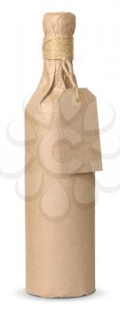 bottle of wine wrapped in kraft paper with a price tag isolated with clipping paths