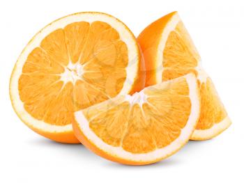 Orange fruit half and two segments or slices isolated on white background