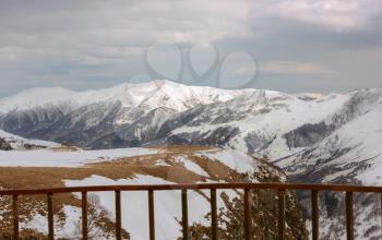 view of the snowy mountains from the observation deck of Georgia Kazbegi
