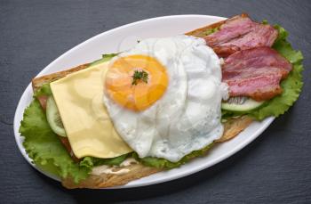 Sandwich with fried egg on a dark stone background