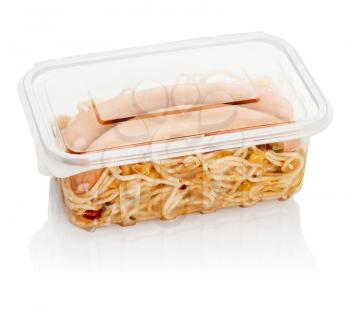 boiled sausages with macaroni in a transparent plastic container for food