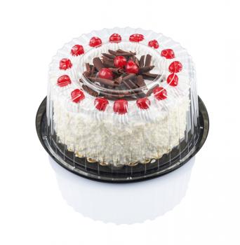 cake with cherries and chocolate in a plastic disposable container, isolated on a white background with clipping path