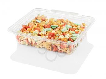 multicolored candy in a disposable plastic container isolated on a white background with clipping path