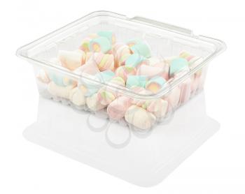 marshmallow candy in a plastic container isolated on a white background with clipping path