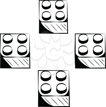 Four individual buliding blocks arranged symmetrically , black and white hand-drawn doodle illustration
