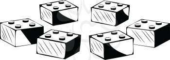 Four kids building blocks arranged in a circle with perspective, black and white hand drawn sketch