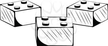 Three individual small interlocking building blocks arranged symmetrically, black and white hand-drawn doodle illustration