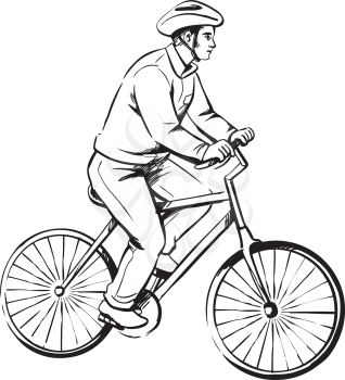 Male cyclist or deliveryman on a bicycle riding along wearing a safety helmet, side view, black and white line sketch