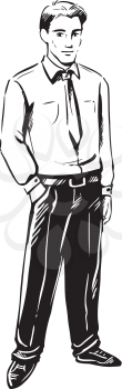 Serious businessman standing with his hand in his pocket, black and white hand-drawn doodle illustration