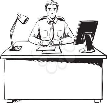 Sketch of a businessman sitting at his desk in the office looking straight at the camera with paperwork, a lamp and computer monitor